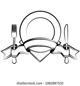 Empty plate with ribbon, spoon, knife and fork on a white background. Black and white