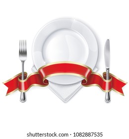 Empty plate with ribbon, spoon, knife and fork on a white background. Mesh. Clipping Mask. This file contains transparency.