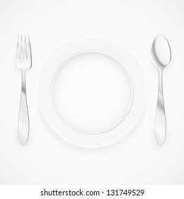 Empty plate with spoon and fork. Illustration for design on white background.