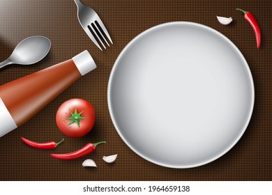 Empty plate spoon, fork, ketchup, tomato and chili with garlic paste on brown background, empty space on plate for text or food image for food menu,vector 3d for top view