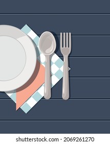 Empty plate spoon fork and napkin. Vector