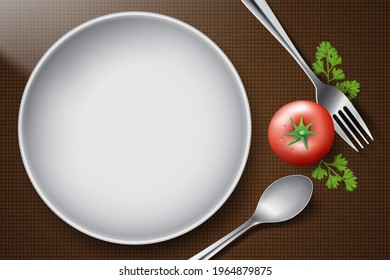 Empty plate spoon, fork tomato and coriander paste on brown background, empty space on plate for text or food image for food menu, vector 3d for top view