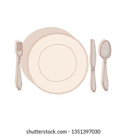 Empty plate with spoon, knife and fork on a white background. Dining Set. Vector hand-drawn sketch