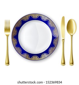 Empty plate with spoon, knife and fork on a white background. Mesh. Clipping Mask.This file contains transparency.