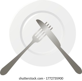 Empty plate with spoon, knife and fork on a white background.