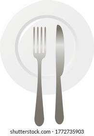 Empty plate with spoon, knife and fork on a white background.