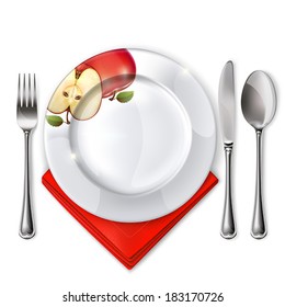 Empty plate with spoon, knife and fork on a white background. Mesh. Clipping Mask.