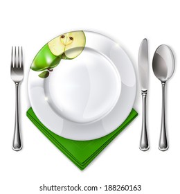 Empty plate with spoon, knife and fork on a white background. Mesh. Clipping Mask.