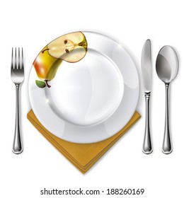 Empty plate with spoon, knife and fork on a white background. Mesh. Clipping Mask.