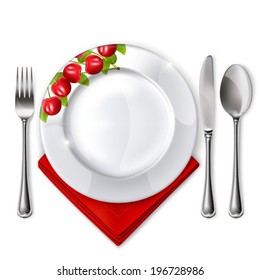 Empty plate with spoon, knife and fork on a white background. Mesh. Clipping Mask.