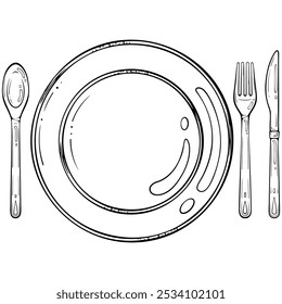 Chapa vazia com colher, faca e garfo. Chapa de comida com talheres. Configuração de tabela. Ilustração vetorial em estilo de rabisco de esboço desenhado à mão. Linhagem isolada em branco para colorir livro, impressão