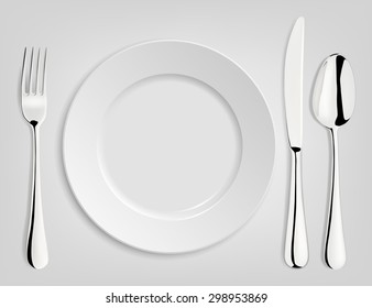Empty plate with spoon, knife and fork. Vector EPS10 illustration. 