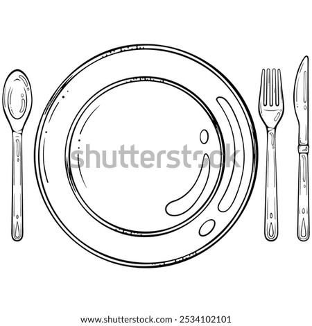 Empty plate with spoon, knife and fork. Food plate with cutlery. Table setting. Vector illustration in hand drawn sketch doodle style. Line art isolated on white for coloring book, print