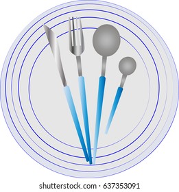 Empty plate with spoons, knife and fork on a white background. 
