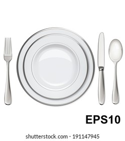 Empty plates with silver rims, spoon, fork, knife isolated on white. Vector illustration