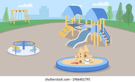 Empty playground flat color vector illustration. Zone for children outdoors. Preschool yard with sand pit. Kindergarten ground 2D cartoon characters with slides and swings for kids on background