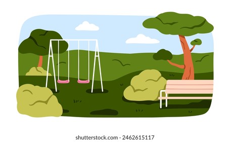 Empty playground scene. Kids amusement area landscape. Outdoor play ground in summer park with swings, seesaws, bench, trees and grass. Flat vector illustration isolated on white background