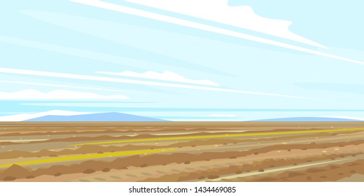 Empty plow field rural landscape, brown soil with blue sky, spring field work, farming life concept illustration