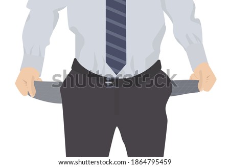 Empty pockets. The businessman has no money or is bankrupt. Human financial insolvency concept. There is no money in the pockets. Isolated image in flat style. Vector