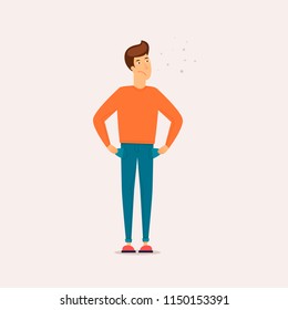 Empty pockets for men, no money, bankruptcy, unemployment. Flat design vector illustration.