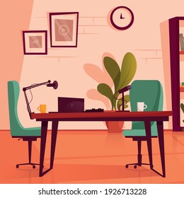 Empty podcasting studio with microphones, laptop, desk and chair. Flat vector illustration