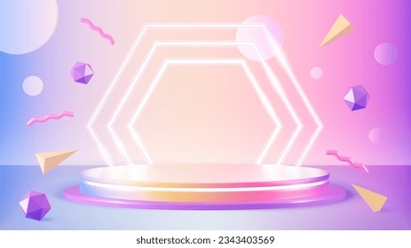 Empty podium 3d background. Display pedestal colorful stand for products promo show. Neon geometric, dynamic realistic pithy vector scene