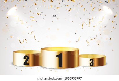 Empty Podium background with gold confetti and light