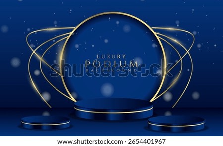 empty podium blue and gold luxury podium pedestal product display background 3d rendering