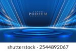 Empty podium blue on dark background with light neon effects with bokeh decorations. Luxury scene design concept. Vector illustrations.