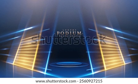 Empty podium blue on dark background with laser effects with neon light decorations. Luxury scene design concept. Vector illustrations.