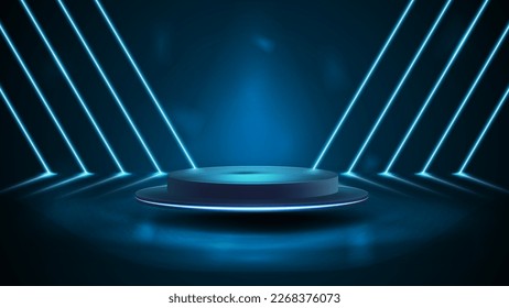 Empty podium in empty blue scene with diagonal blue line neon lamps on background.