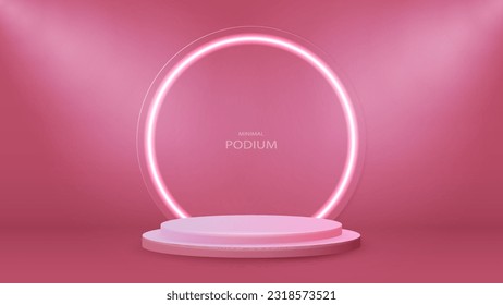 An empty podium with a bright shiny neon glass glossy arch on a pink background. A two-dimensional platform in the room.