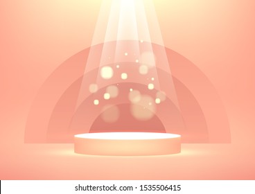 Empty podium with bright sparkling light rays on orange background for product display with copy space.