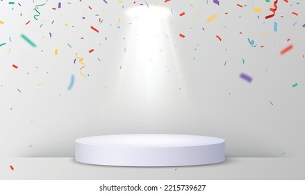 Empty podium with colorful confetti and light