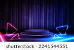 Empty podium with curtain on background and neon blue and pink triangles around.