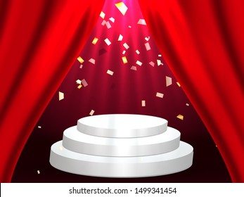 Empty Podium with curtains and confetti. Vector illustration