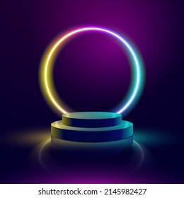 Empty podium display with colorful neon ring light