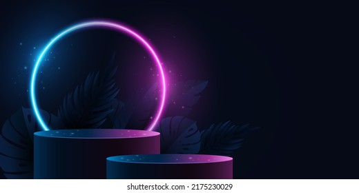 Empty podium with exotic plants to display your brand. Summer scene with purple and blue neon frame. 3D pedestal for business mockup. Sale background. Vector. EPS 10