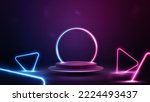 Empty podium floating in the air with line gradient neon ring on background and neon blue and pink triangles around