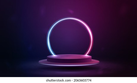 Empty podium floating in the air with line gradient neon ring on background. illustration with abstract scene with pink and blue neon frame