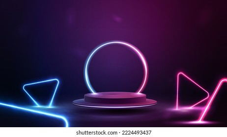 Empty podium floating in the air and line gradient neon ring background   neon blue   pink triangles around
