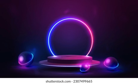 Empty podium floating in the air with line gradient neon ring on background. illustration with abstract scene with neon spheres.