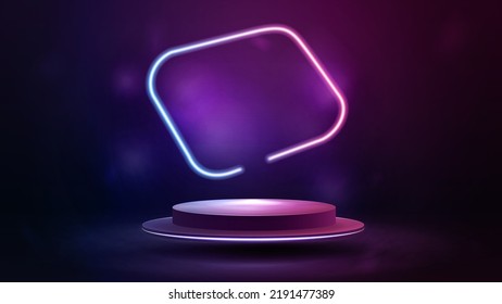 Empty podium floating in the air with pink and blue asymmetric neon frame