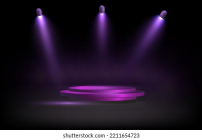 Empty podium floating in the air with rays of falling purple light.Vector