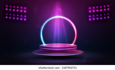 Empty podium floating in the air with spotlights on background. illustration with abstract scene with pink and blue circle neon frame