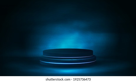 Empty podium in fog, realistic vector illustration. Blue digital scene for your product presentation