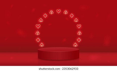 An empty podium with a frame of suits of cards for poker spades, diamonds, crosses and hearts. A concept for a casino on a red background.