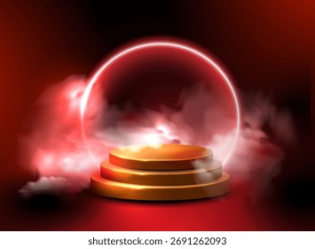Empty podium with glowing round frame and smoke. Vector illustration. Exhibition pedestal with a neon circle. Mockup scene of geometry shape platform