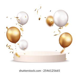 Empty podium with Gold confetti and balloons, celebration on transparent background