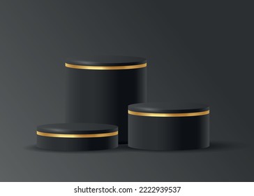 Empty podium with gold stripe or pedestal display on black background with cylinder stand concept. Blank product shelf standing backdrop. 3D rendering.